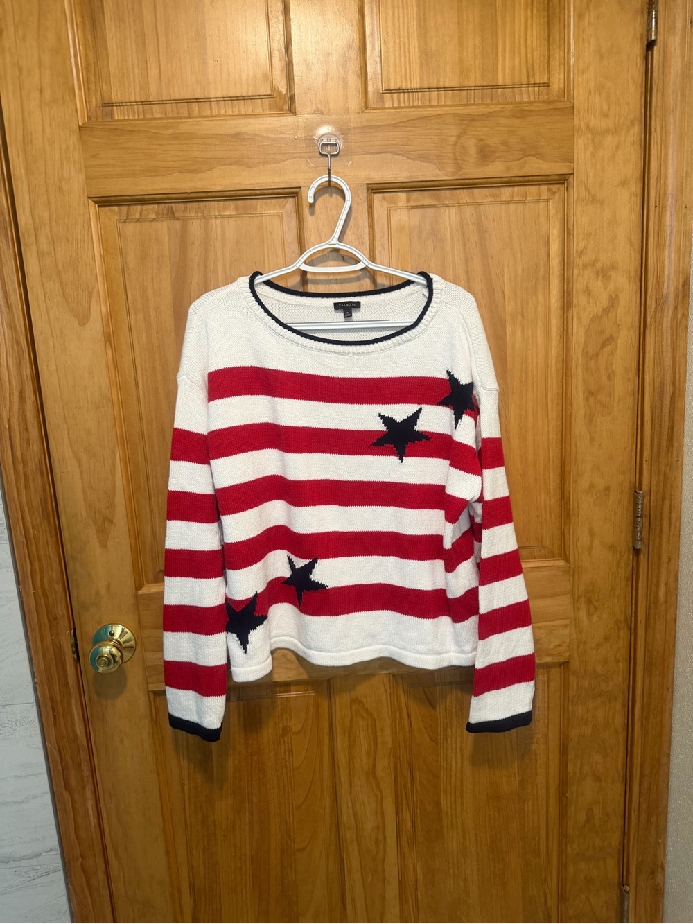 Talbots Red, White & Navy Striped Star Crewneck Sweater